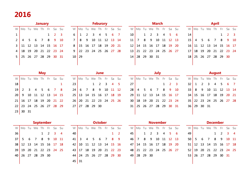 2016年日历 A4横向 英文版 无农历 有周数 周一开始